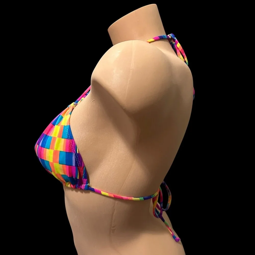 Y2K rainbow checker bikini top Sunset Beach size M Rave Festival‎